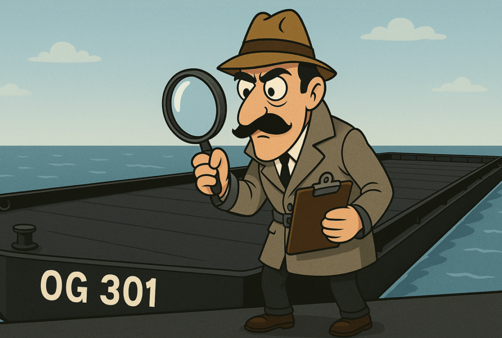 A cartoon detective with a mustache, trench coat, and hat examines a clipboard and holds a magnifying glass near a docked barge labeled "OG 301" by the water under a cloudy sky (barge on-hire and off-hire survey process).